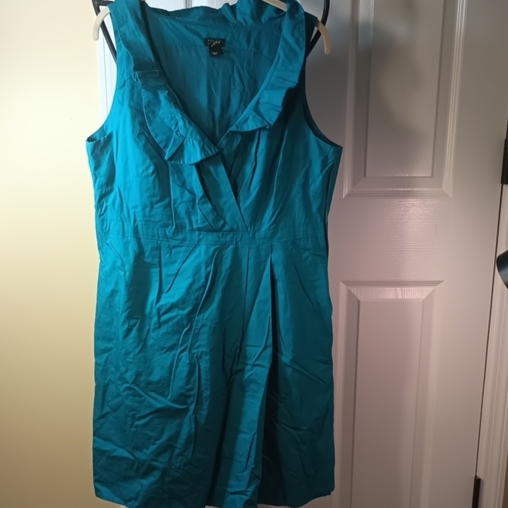 J Crew Turquoise Sleeveless Dress With Ruffled Collar Pleated Skirt. 14